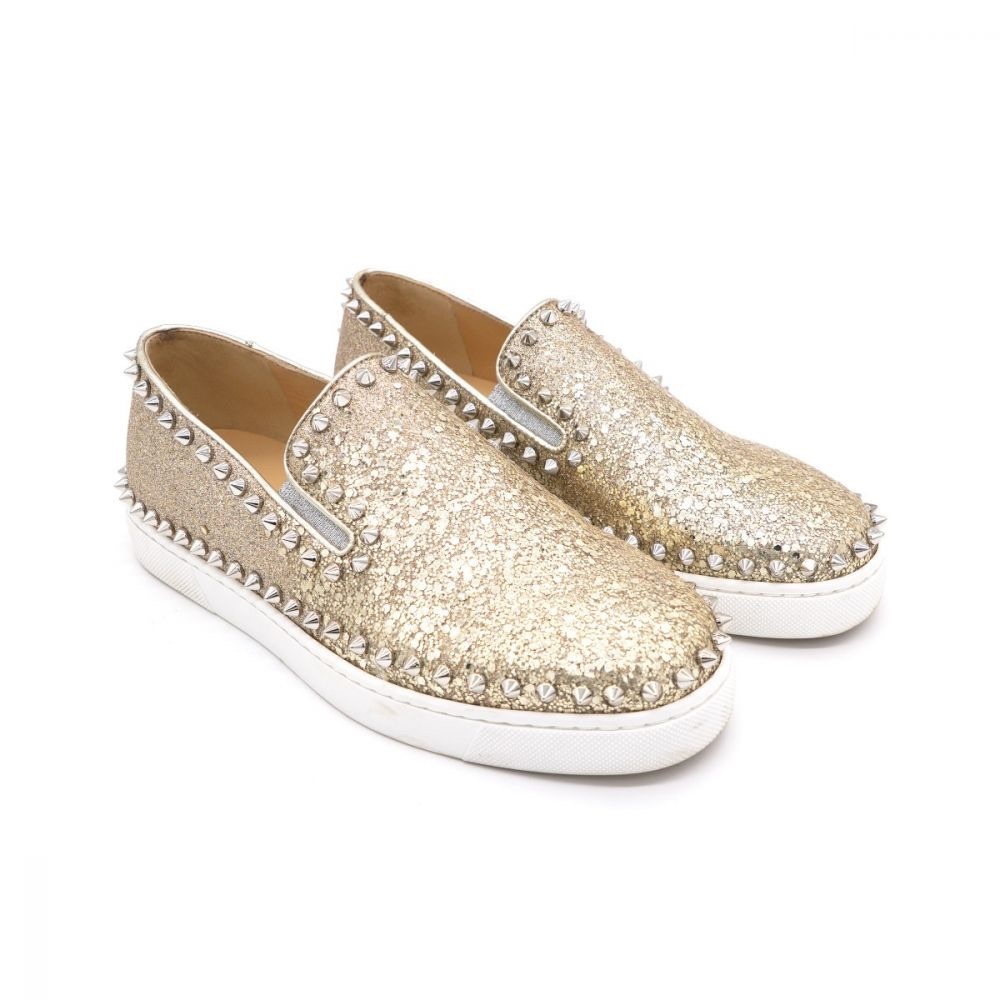CHRISTIAN LOUBOUTIN Glitter Gold Leather Pik Boat Slip On Sneakers